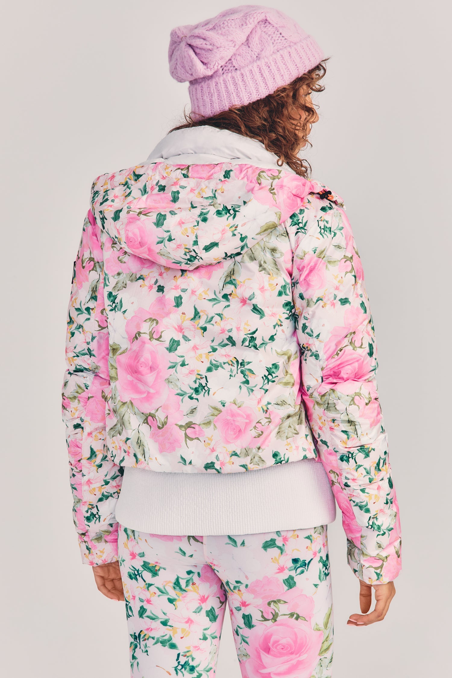 Womens pink floral print puffer style ecodown ski jacket