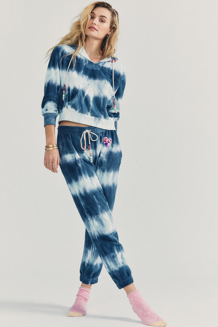Women's blue hand tie-dyed French terry cotton lounge pant