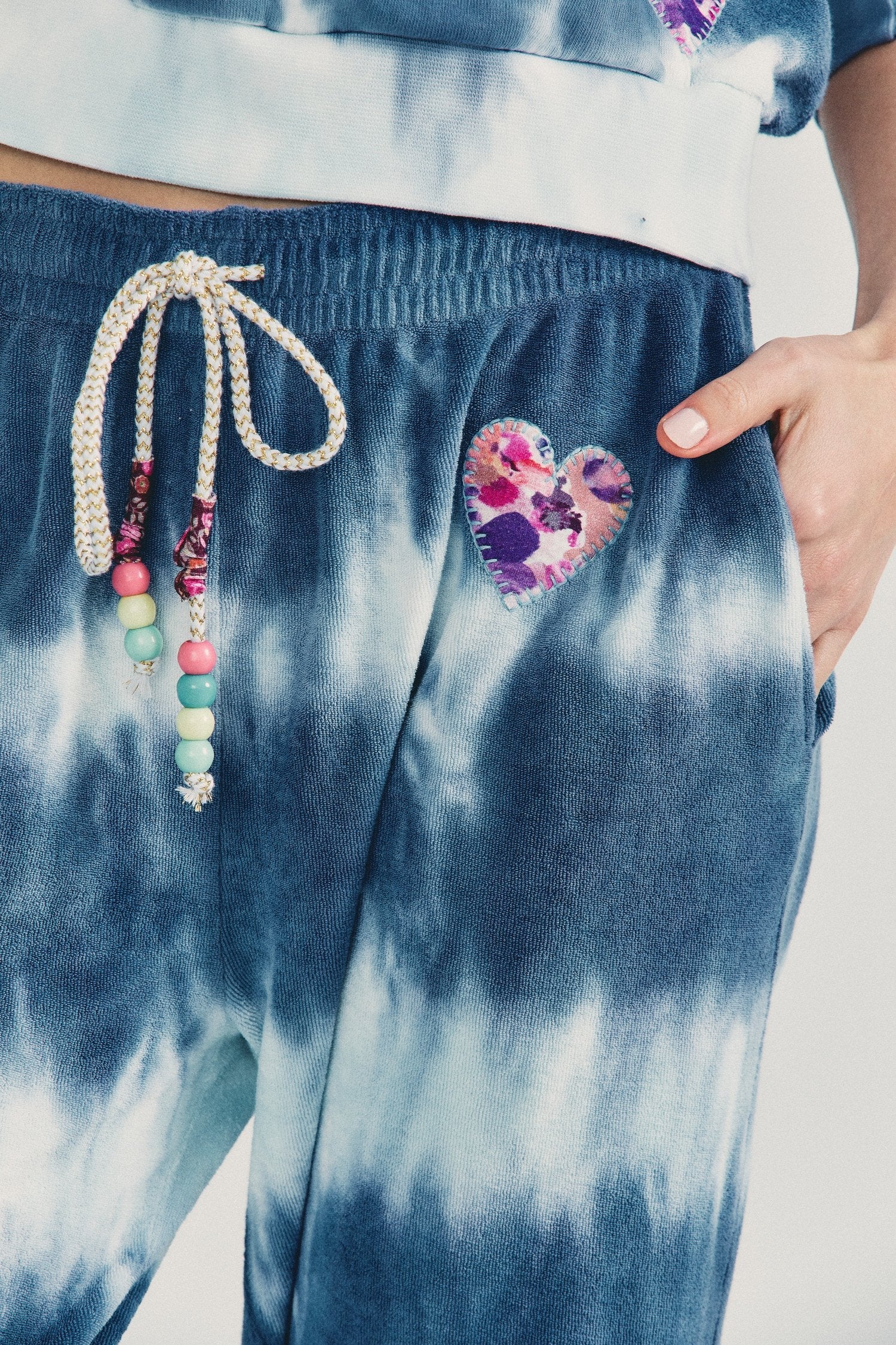 Women's blue hand tie-dyed French terry cotton lounge pant