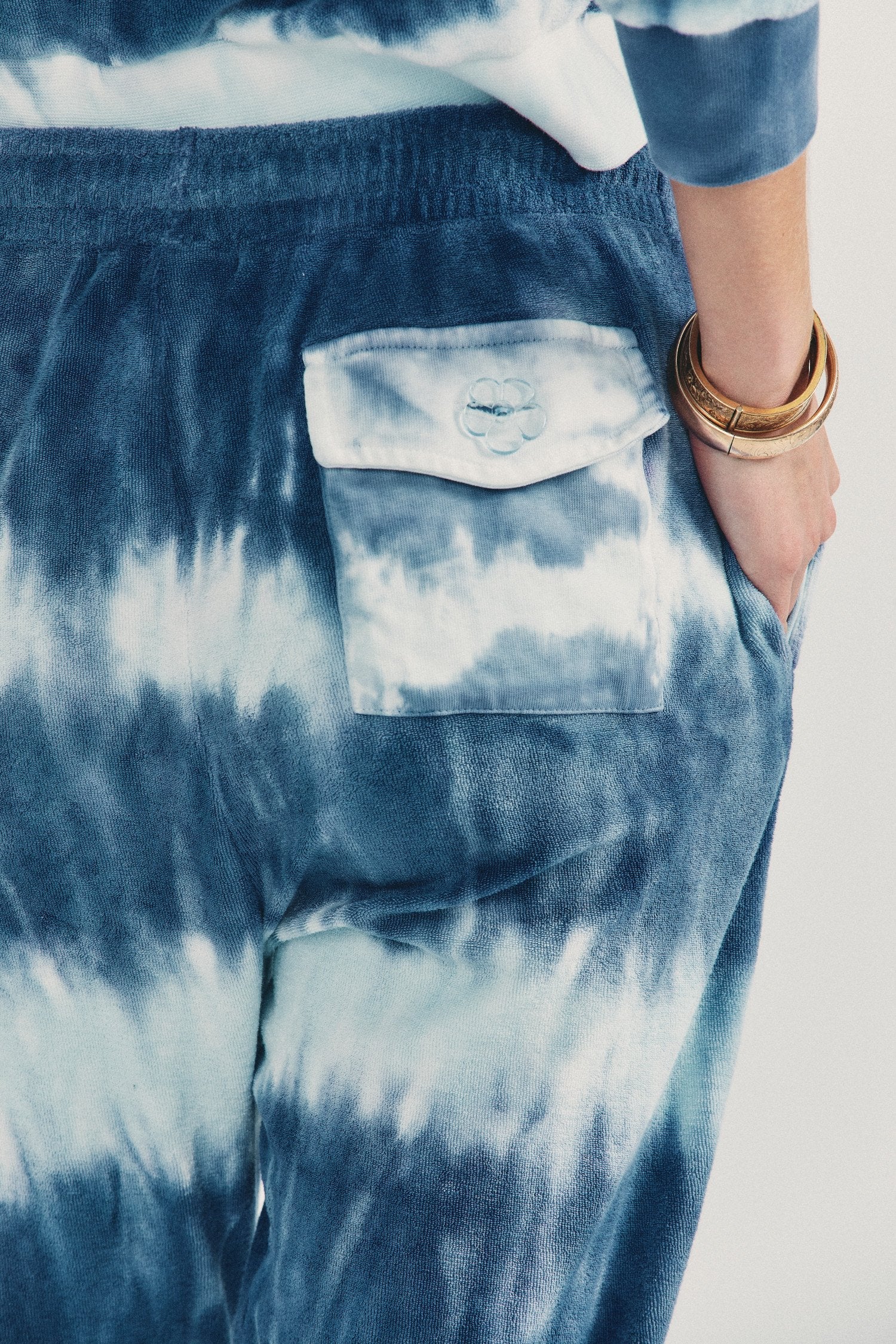 Women's blue hand tie-dyed French terry cotton lounge pant