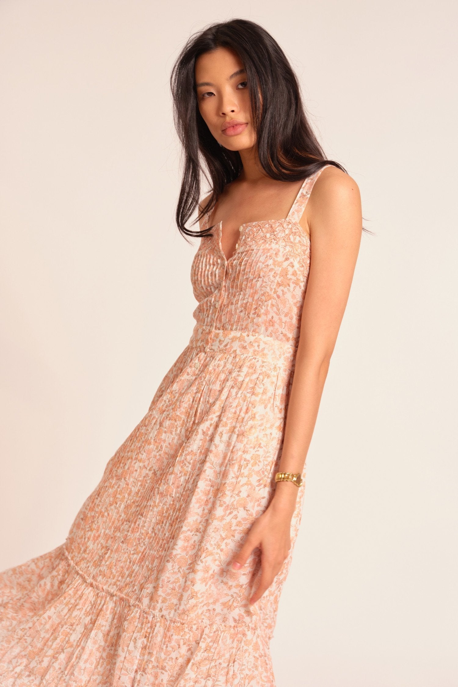 Women's cream floral print midi dress with shirred detail