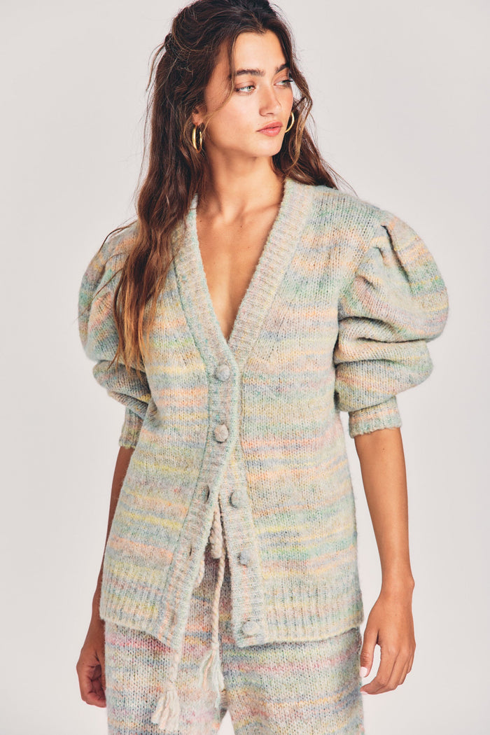 Women's pastel multicolored wool oversized cardigan with blouson sleeves