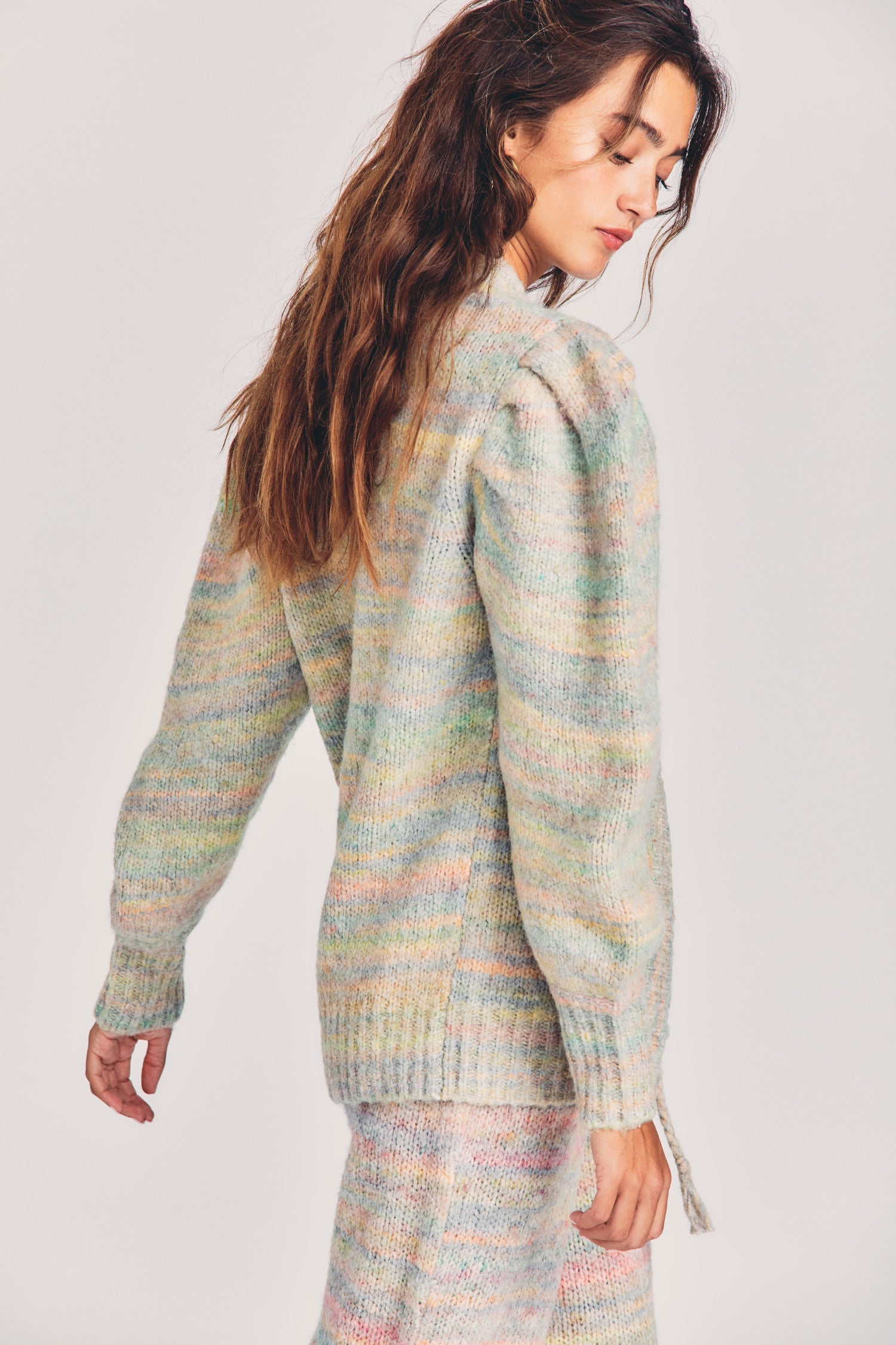 Women's pastel multicolored wool oversized cardigan with blouson sleeves