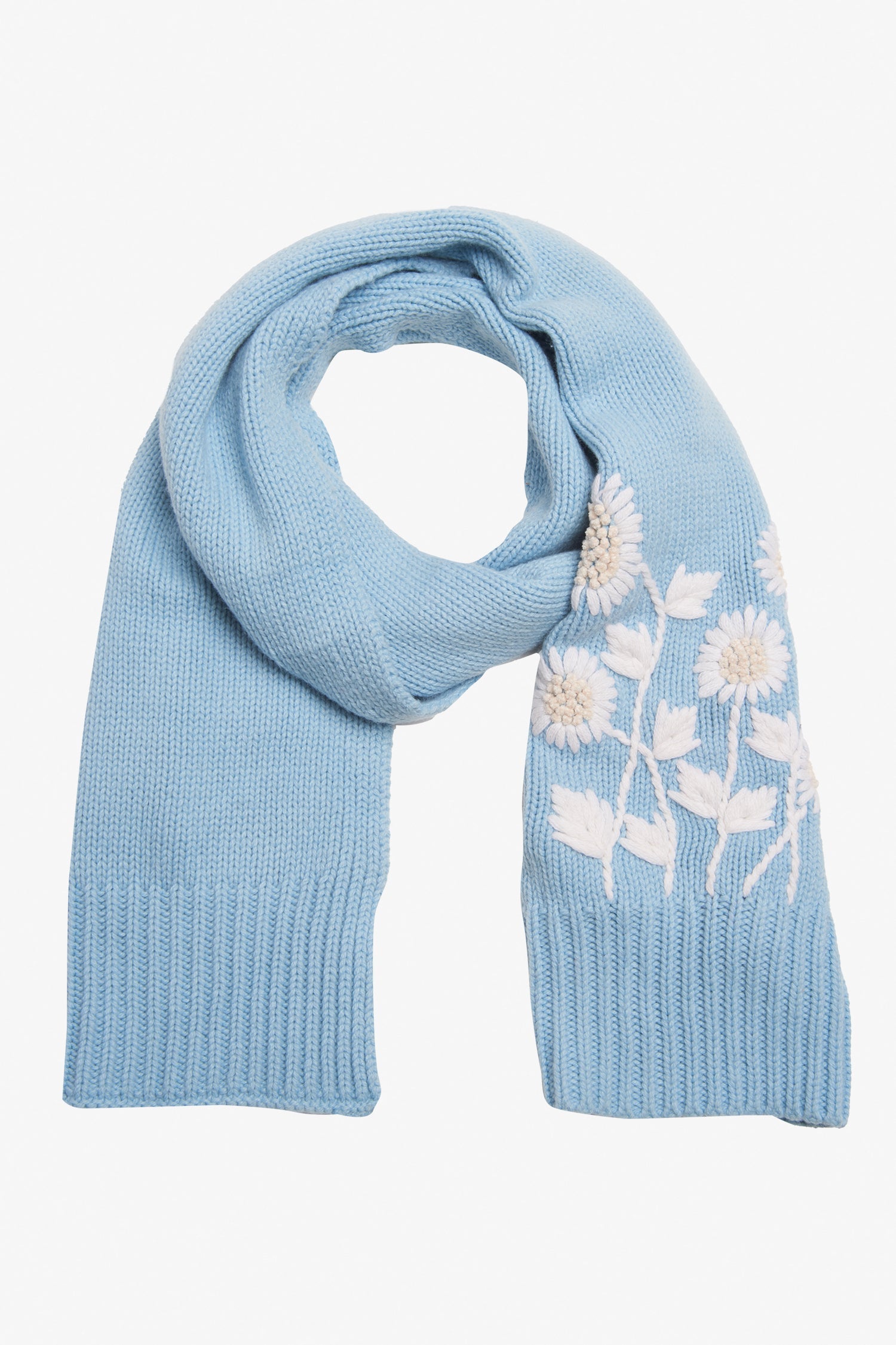 Women's blue hand-embroidered, tonal, garden motif and ribbed finishing scarf