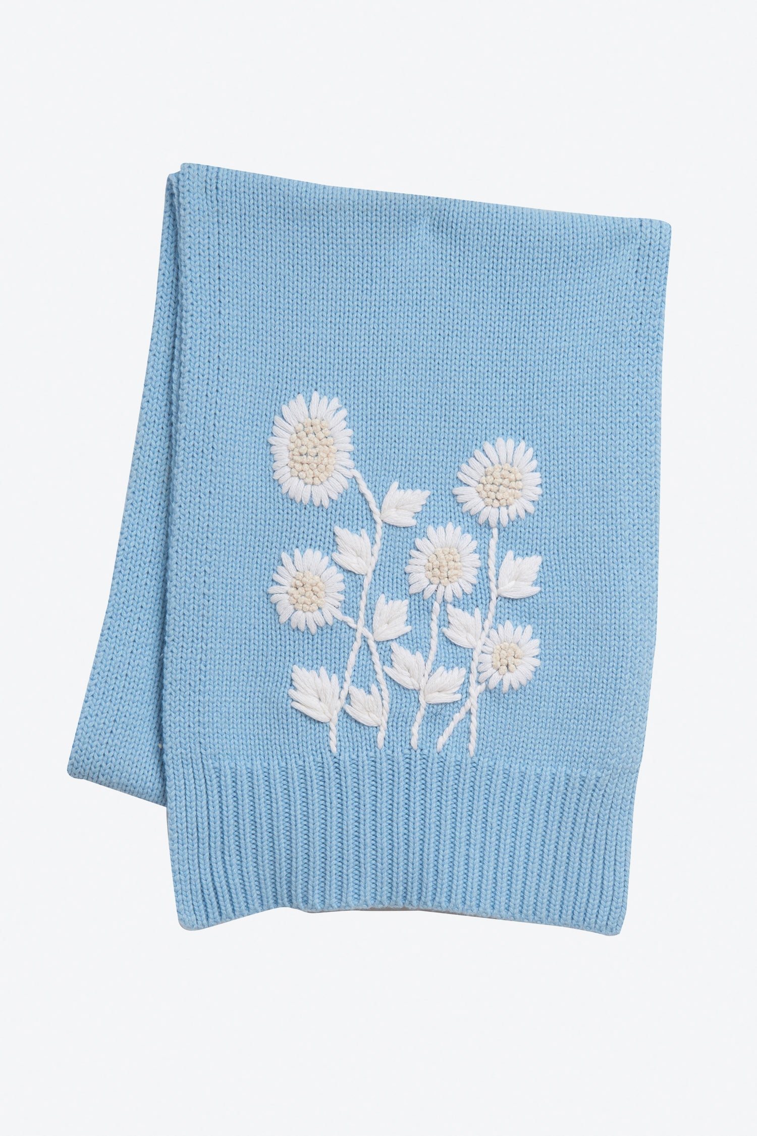 Women's blue hand-embroidered, tonal, garden motif and ribbed finishing scarf